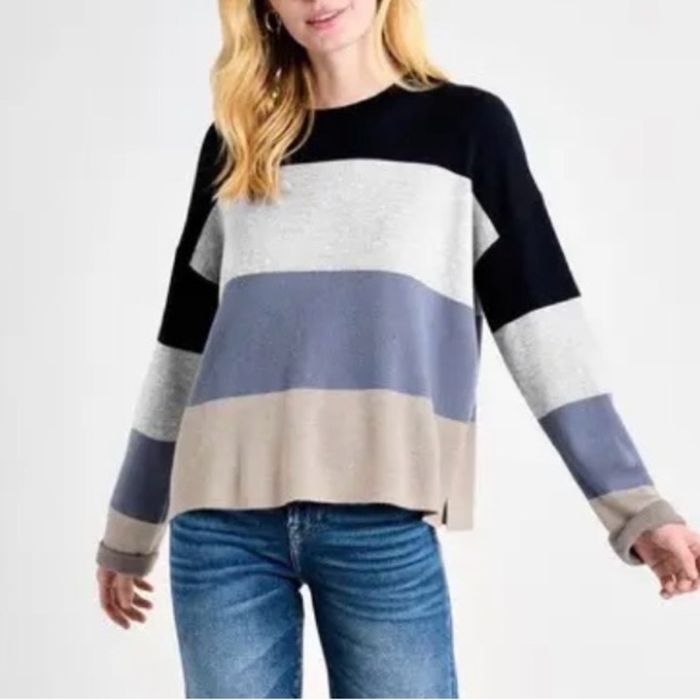 🆕 Splendid Collection Colorblock Cashmere Blend Sweater Blue Gray Navy Size M